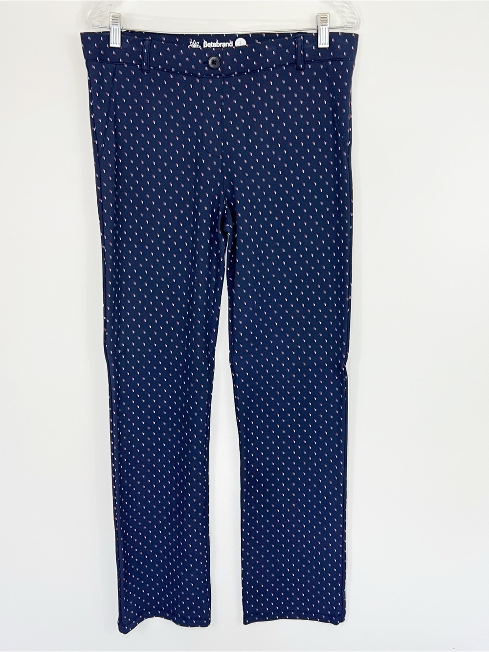 Betabrand Straight Leg Dress Pant Yoga Pants Navy Geometric Printed Large Petite